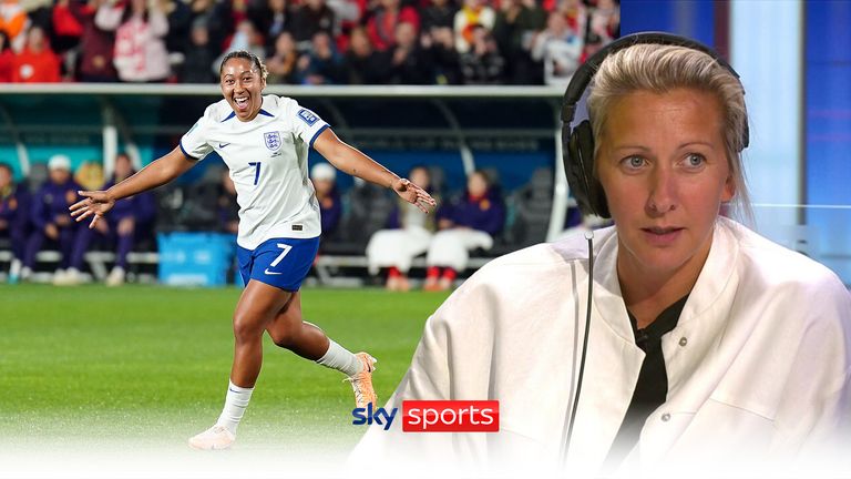 Aston Villa manager Carla Ward reacts to Lauren James&#39; goal for England as they make it 3-0 against China in their final Women&#39;s World Cup group D game.