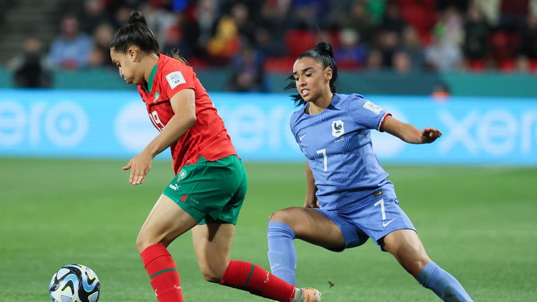 Morocco's Sakina Ouzraoui, left, and France's Sakina Karchaoui battle for the ball 