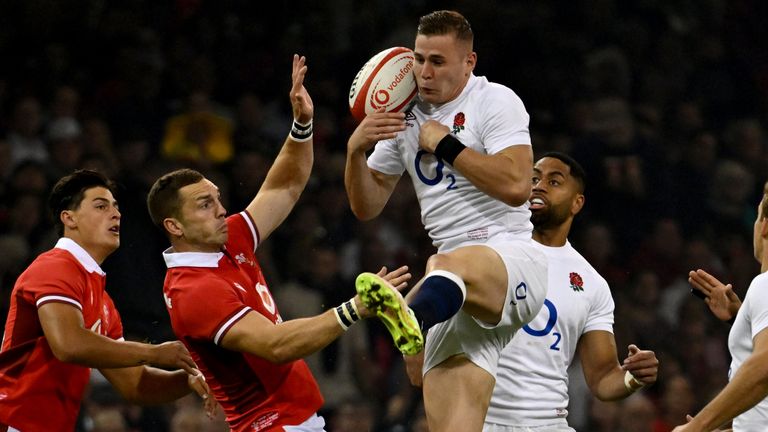 Wales v England - Summer Nations Series - Principality Stadium
Wales' George North (second left) challenges England's Freddie Steward (third left) for a high ball during the Summer Nations Series match at the Principality Stadium, Cardiff. Picture date: Saturday August 5, 2023.