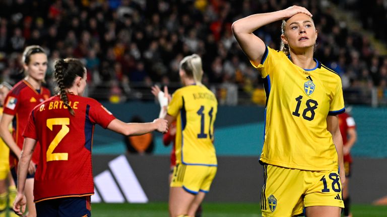 Sweden's Fridolina Rolfo reacts after a missed shot on goal