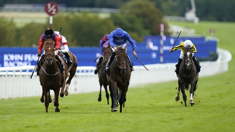 Desert Hero (left) wins the Gordon Stakes at Goodwood in the Royal colours