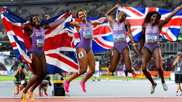 Great Britain's Asha Philip, Imani-Lara Lansiquot, Bianca Williams and Daryll Neita celebrate after finishing third in the Women's 4x100 Metres Relay Final on day eight of the World Athletics Championships in Budapest (PA Images)