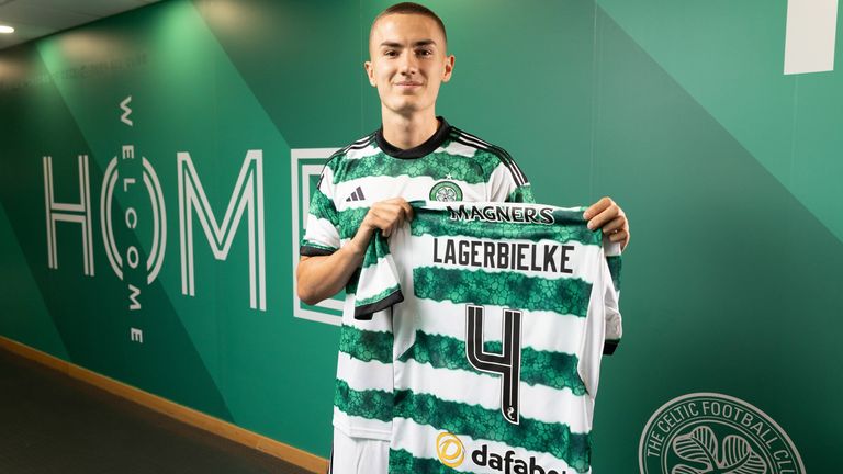 GLASGOW, SCOTLAND - AUGUST 16: Celtic's Gustaf Lagerbielke is pictured during a photocall at Celtic Park, on August 16, 2023, in Glasgow, Scotland. (Photo by Craig Williamson / SNS Group)