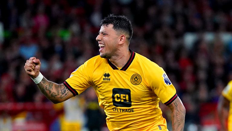 Sheffield United's Gustavo Hamer celebrates scoring their side's first goal of the game during the Premier League match at the City Ground, Nottingham. Picture date: Friday August 18, 2023.