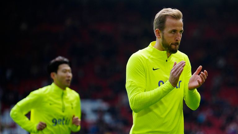Tottenham&#39;s Harry Kane, right, warms up alongside Son Heung-min before an English Premier League soccer match between Liverpool and Tottenham Hotspur at Anfield stadium in Liverpool, Sunday, April 30, 2023. (AP Photo/Jon Super)