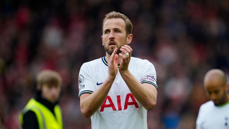 Tottenham&#39;s Harry Kane applauds fans after his team lost 4-3 at the end of an English Premier League soccer match between Liverpool and Tottenham Hotspur at Anfield stadium in Liverpool, Sunday, April 30, 2023. (AP Photo/Jon Super)