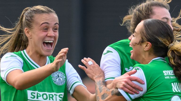 GOAL 2-2 celebrates after scoring the equalising goal during the ScottishPower Women's Premier League 1 match between Hibs Women and Spartans Women at Meadowbank Stadium, Edinburgh, Scotland on 27 August 2023...Picture Malcolm Mackenzie / ScottishPower Women...s Premier League..All photo usage must carry mandatory copyright credit (.. ScottishPower Women...s Premier League | Malcolm Mackenzie)                        