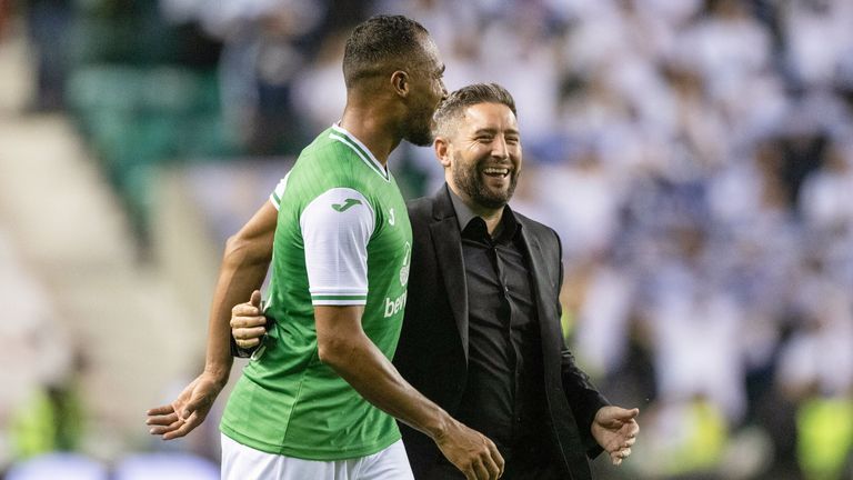 EDINBURGH, SCOTLAND - AUGUST 10: Hibernian manager Lee Johnson with Jordan Obita at full time during a UEFA Conference League Third Qualifying Round match between Hibernian and FC Luzern at Easter Road, on August 10, 2023, in Edinburgh, Scotland.  (Photo by Paul Devlin / SNS Group)