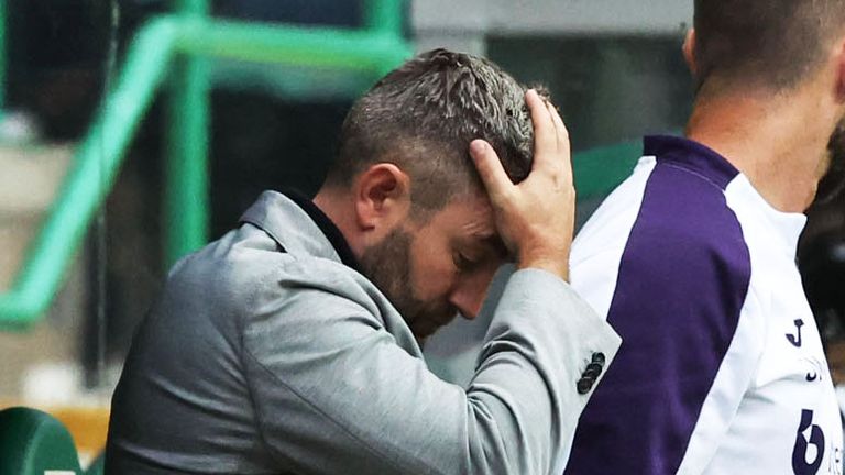EDINBURGH, SCOTLAND - AUGUST 23: Hibernian manager Lee Johnson looks dejected during a UEFA Conference League play-off match between Hibernian and Aston Villa at Easter Road, on August 23, in Edinburgh, Scotland.  (Photo by Craig Williamson / SNS Group)