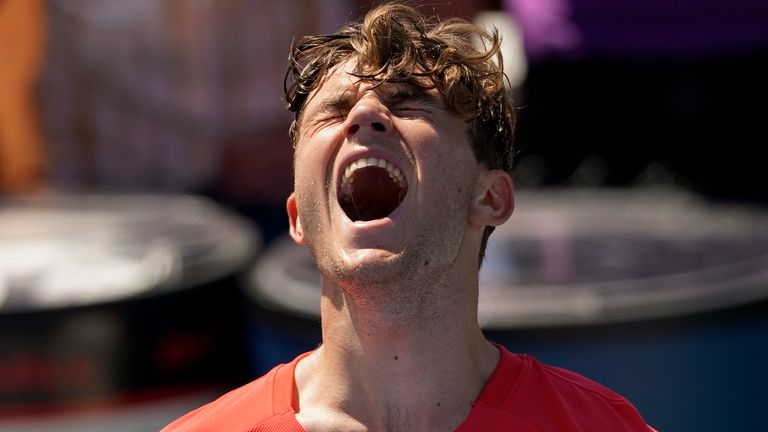 Jack Draper, of Great Britain, reacts after defeating Hubert Hurkacz, of Poland, during the second round of the U.S. Open tennis championships, Thursday, Aug. 31, 2023, in New York. (AP Photo/Eduardo Munoz Alvarez)