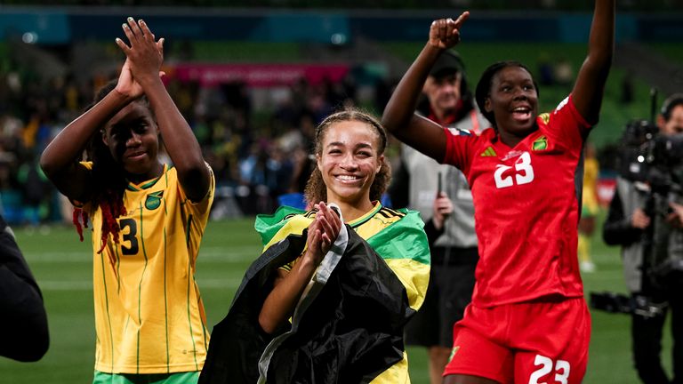 MELBOURNE, AUSTRALIA - AUGUST 02: Solai Washington of Jamaica celebrates during the Women's World Cup football match between Jamaica and Brazil at AAMI Park on August 02, 2023 in Melbourne, Australia. (Photo by Dave Hewison/Speed Media/Icon Sportswire) (Icon Sportswire via AP Images)