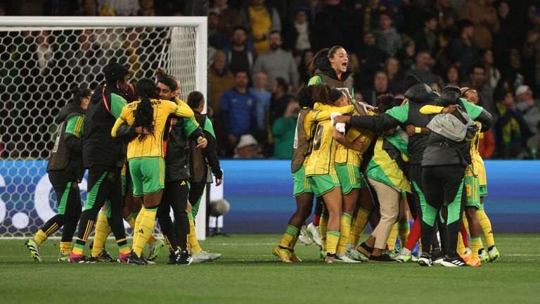 Jamaica&#39;s team members celebrates after the Women&#39;s World Cup Group F soccer match between Jamaica and Brazil in Melbourne, Australia, Wednesday, Aug. 2, 2023. (AP Photo/Hamish Blair)