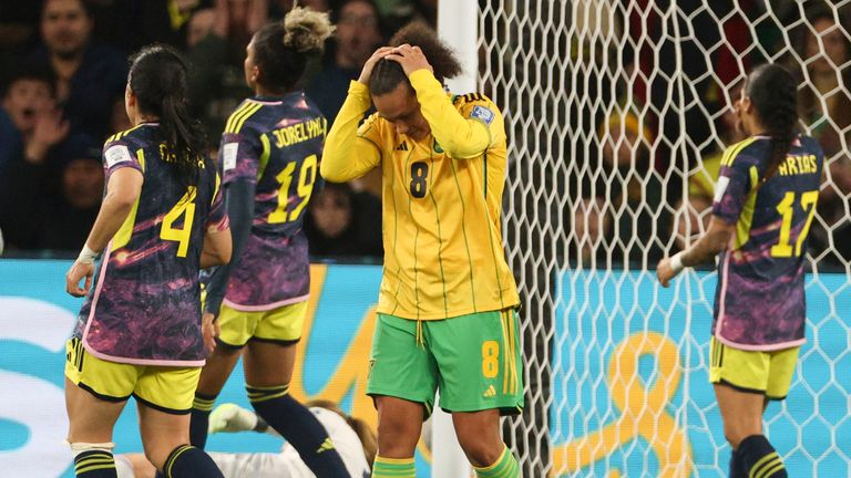 Jamaica's Drew Spence reacts after missing a scoring chance during the Women's World Cup round of 16 soccer match between Jamaica and Colombia in Melbourne, Australia, Tuesday, Aug. 8, 2023. (AP Photo/Hamish Blair)