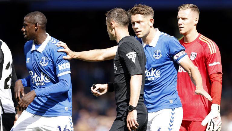 James Tarkowski appeals to referee Stuart Attwell after Everton's goal is disallowed