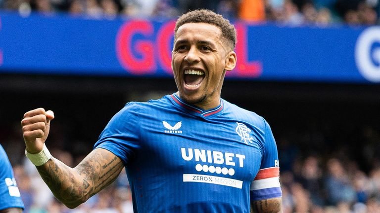 GLASGOW, SCOTLAND - JULY 22: Rangers&#39; James Tavernier celebrates after scoring to make it 2-0 during a pre-season friendly match between Rangers and Hamburg at Ibrox Stadium, on July 22, 2023, in Glasgow, Scotland.  (Photo by Alan Harvey / SNS Group)