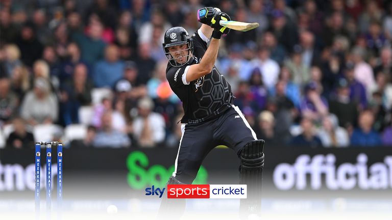 LEEDS, ENGLAND - AUGUST 13: Originals batter Jamie Overton hits out during The Hundred match between Northern Superchargers Men and Manchester Originals Men at Headingley on August 13, 2023 in Leeds, England. (Photo by Stu Forster/Getty Images)