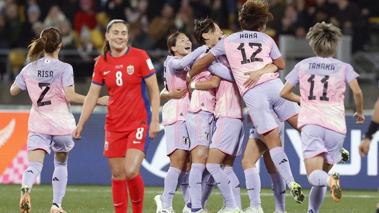 Japan celebrate taking the lead against Norway in the Women's World Cup last-16