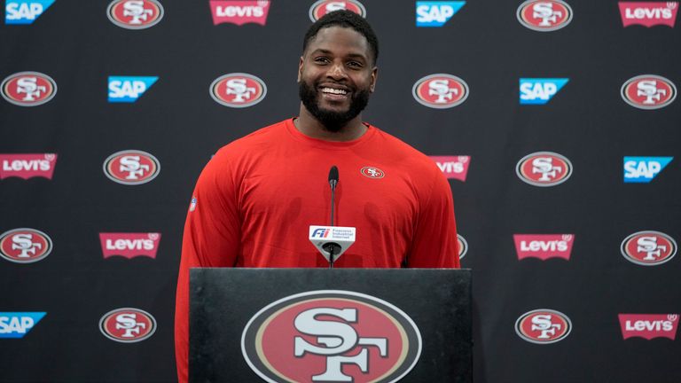 San Francisco 49ers defensive tackle Javon Hargrave speaks to reporters after an NFL football practice, Wednesday, June 7, 2023, in Santa Clara, Calif. (AP Photo/Godofredo A. V..squez)