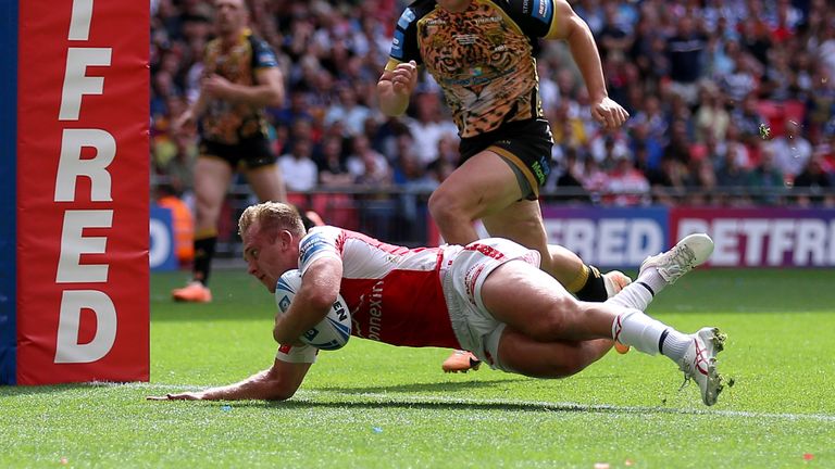 Hull Kingston Rovers v Leigh Leopards - Betfred Challenge Cup - Final - Wembley
Hull KR's Jez Litten scores the first try of the game during the Betfred Challenge Cup final at Wembley, London. Picture date: Saturday August 12, 2023.