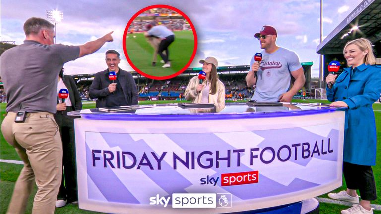 WATCH: NFL legend JJ Watt hits Jamie Carragher with brutal tackle ahead of  Burnley's Premier League opener against Manchester City