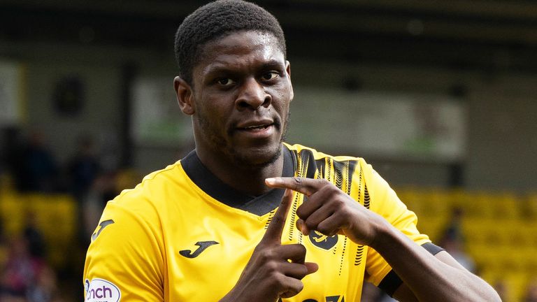 LIVINGSTON, SCOTLAND - AUGUST 19: Livingston's Joel Nouble celebrates scoring to make it 1-0 during a Round of Sixteen Viaplay Cup match between Livingston and Ayr United at Toni Macaroni Arena, on August 19, 2023, in Livingston, Scotland. (Photo by Mark Scates / SNS Group)