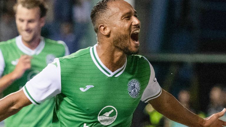 EDINBURGH, SCOTLAND - AUGUST 10: Hibernian's Jordan Obita celebrates after making it 3-1 during a UEFA Conference League Third Qualifying Round match between Hibernian and FC Luzern at Easter Road, on August 10, 2023, in Edinburgh, Scotland.  (Photo by Paul Devlin / SNS Group)