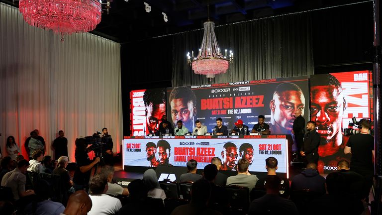 Boxxer Paths Collide - Joshua Buatsi vs Dan Azeez Press Conference..Pictures Courtesy Laawrence Lustig/Boxxer. Images free to use for Editorial Use Only..Joshua Buatsi, Andy Scott, Boxxer CEO Bn Shaalom & Dan Azeez at the Press Conference table.