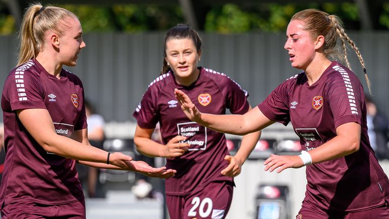 Kathleen McGovern (right) is congratulated by Georgia Timms (left) after scoring Hearts' second goal against Dundee United. Pic: Colin Poultney/SWPL