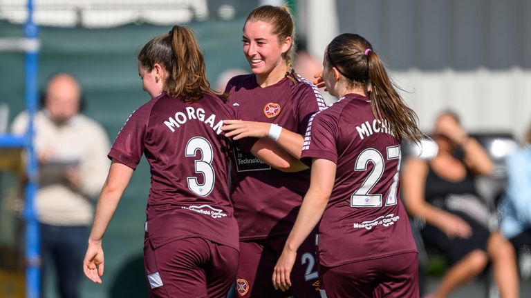 Kathleen McGovern (centre) celebrates after scoring her second goal for Hearts against Dundee United