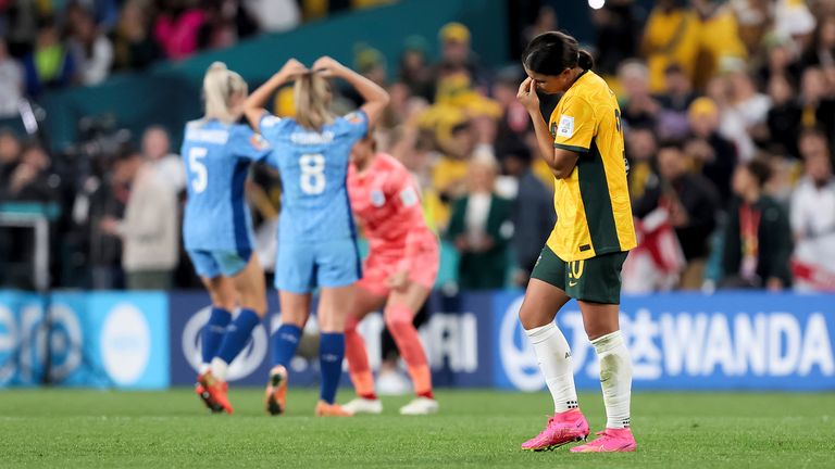 Sam Kerr of Australia shows emotion at full time during the Women's World Cup Semi Final football match between the Australia Matildas and England at Stadium Australia on August 16, 2023 in Sydney, Australia. (Photo by Damian Briggs/Speed Media/Icon Sportswire) (Icon Sportswire via AP Images)