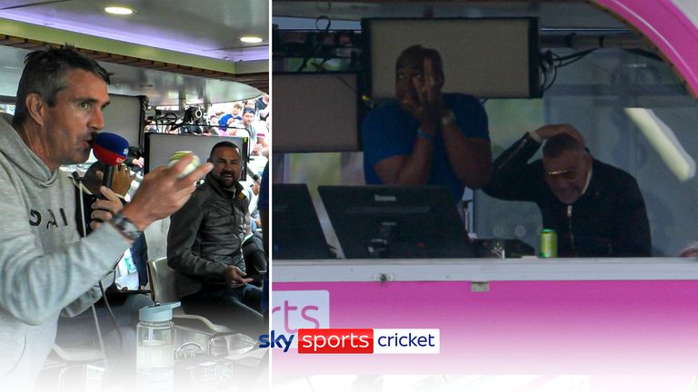 Kevin Pietersen and Alex Tudor react to ball hitting the commentary booth