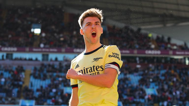 Tierney wears the armband for Arsenal at Villa Park