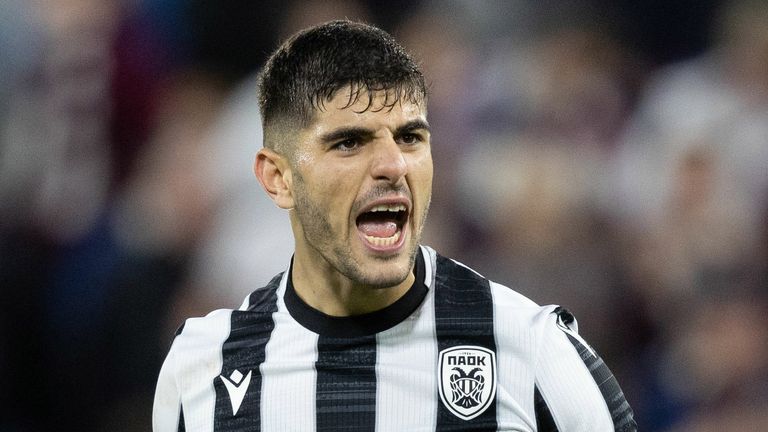 EDINBURGH, SCOTLAND - AUGUST 24: PAOK's Konstantinos Koulierakis celebrates at full time during a UEFA Conference League Play-Off Round match between Hearts and PAOK at Tynecastle Stadium, on August 24, 2023, in Edinburgh, Scotland. (Photo by Ross Parker / SNS Group)