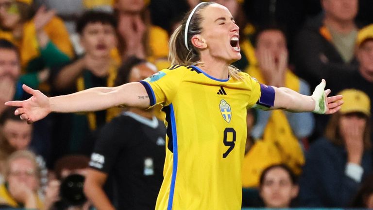 Sweden's Kosovare Asllani celebrates after scoring her team's second goal during the Women's World Cup third place playoff soccer match between Australia and Sweden in Brisbane, Australia, Saturday, Aug. 19, 2023. (AP Photo/Tertius Pickard)