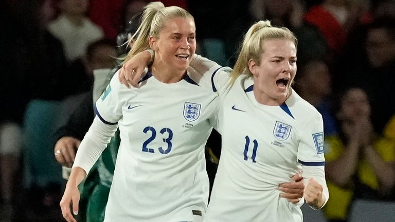 Lauren Hemp and Alessia Russo celebrate after England equalise