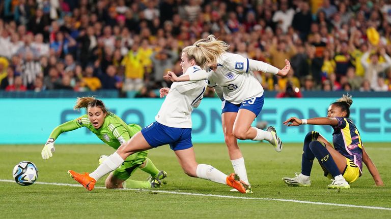 Lauren Hemp pokes in England's equaliser following a mistake by Colombia goalkeeper Catalina Perez