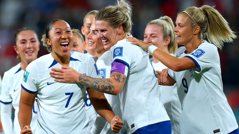 Lauren James celebrates scoring England's third goal against China in the Women's World Cup