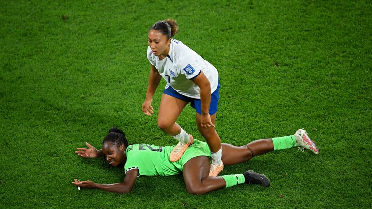 Lauren James stamps Nigeria's Michelle Alozie and is later shown a red card after VAR review