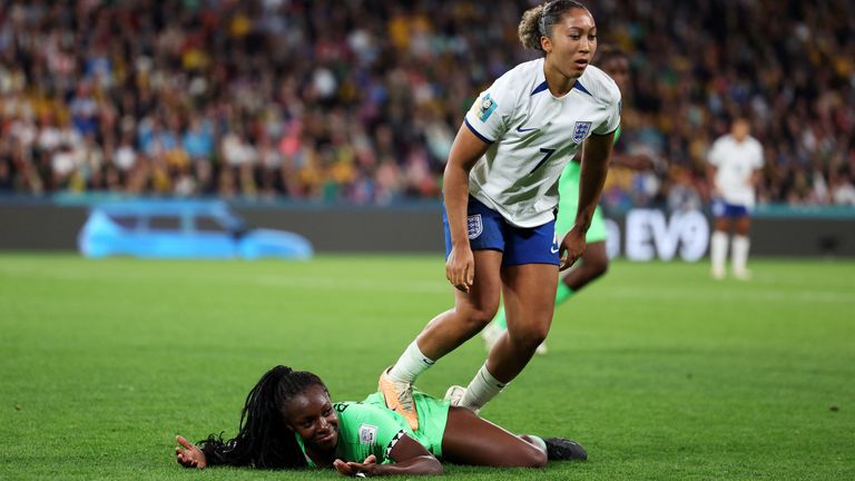 Lauren James of England stamps on Michelle Alozie of Nigeria which later leads to a red card