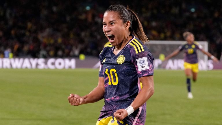 Colombia's Leicy Santos celebrates after scoring the opening goal vs England