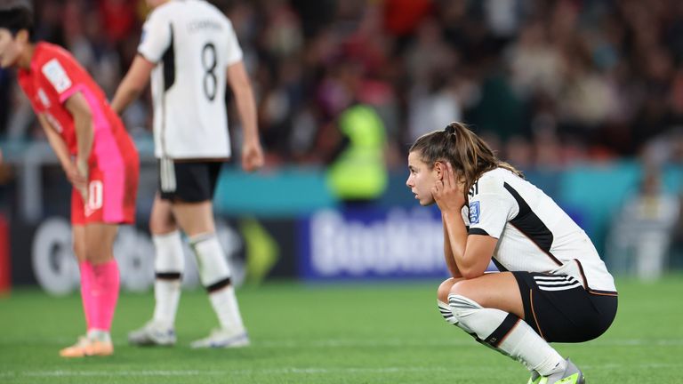 Germany's Lena Oberdorf reacts as her team exits the Women's World Cup