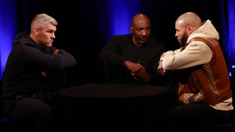 THE GLOVES ARE OFF,.SKY STUDIOS,.ISLEWORTH,.LONDON.PIC;LAWRENCE LUSTIG.REPEAT OR REVENGE.LIAM SMITH AND CHRIS EUBANK JR COME FACE TO FACE AS THEY MEET FOR THE GLOVES ARE OFF WITH JOHNNY NELSON