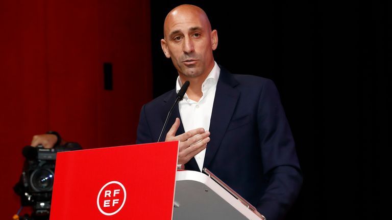 Luis Rubiales speaks at a press conference where he refused to resign as president of the Spanish FA for kissing Jenni Hermoso on the lips during Women's World Cup final celebrations on Sunday