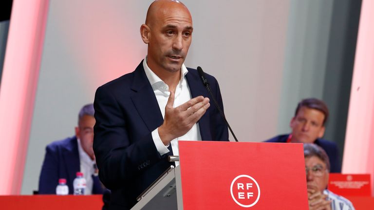 Luis Rubiales speaks at a press conference where he refused to resign as president of the Spanish FA for kissing Jenni Hermoso on the lips during Women's World Cup final celebrations on Sunday