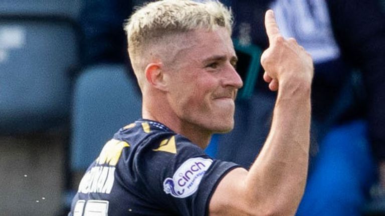 DUNDEE, SCOTLAND - AUGUST 27: Dundee's Luke McCowan  celebrates scoring to make it 1-0 during a cinch Premiership match between Dundee and Heart of Midlothian at the Kilmac Stadium at Dens Park, on August 27, 2023, in Dundee, Scotland. (Photo by Mark Scates / SNS Group)
