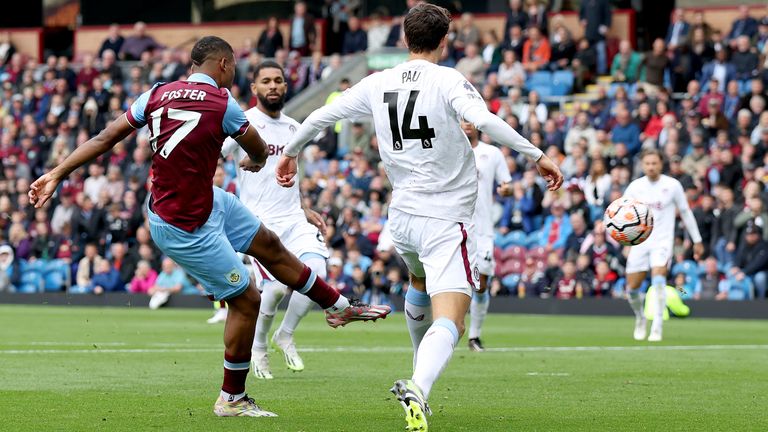 Lyle Foster pulls a goal back for Burnley early in the second half