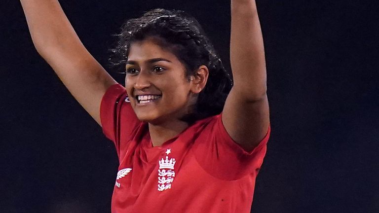 Mahika Gaur celebrates her first England wicket (PA Images)