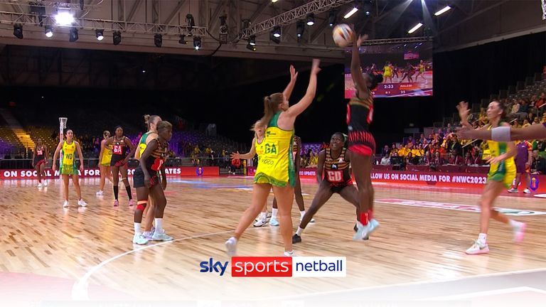 A look at world no.6 Malawi's Towera Vhinkunbu's massive block against world no.1 Australia at the Netball World Cup.