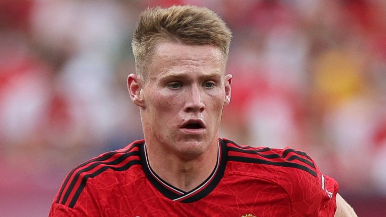 EAST RUTHERFORD, NJ - JULY 22: Manchester United midfielder Scott McTominay (39) runs during a match between Arsenal and Manchester United on July 22, 2023, at MetLife Stadium in East Rutherford, New Jersey. (Photo by Andrew Mordzynski/Icon Sportswire) (Icon Sportswire via AP Images)