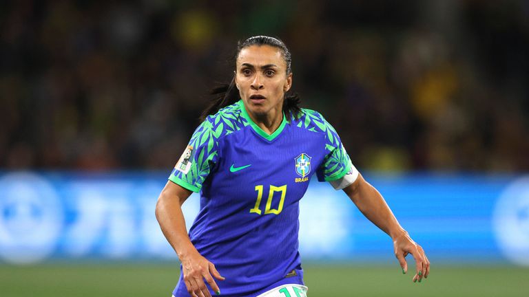 Brazil's Marta in action during the Women's World Cup Group F soccer match between Jamaica and Brazil in Melbourne, Australia, Wednesday, Aug. 2, 2023. (AP Photo/Hamish Blair)